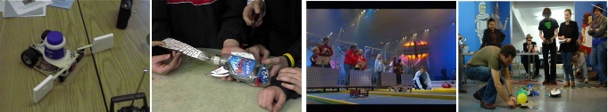 A football robot, swimming fish made from a spray polish bottle, Technogames sprint competition, and robot soccer
